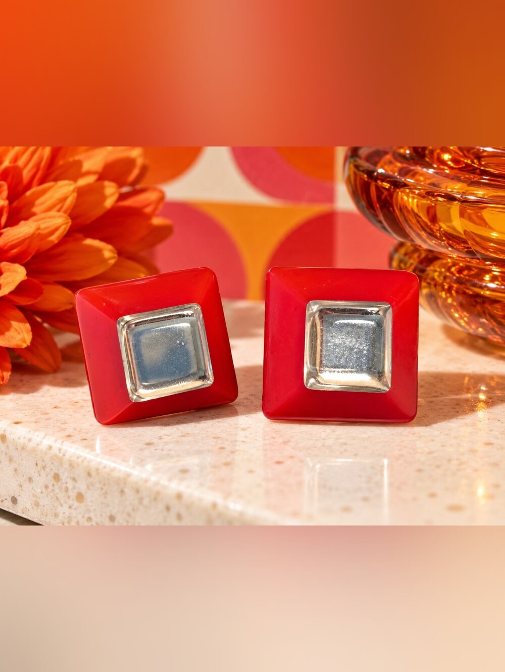 Vintage Red Lucite Geometric Earrings Clear Mirror Accent Retro